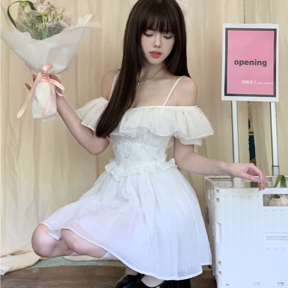 Vietnam White Y2K Cottage Ballet Barbie Lace Ruffle Off Shoulder Mini Dress